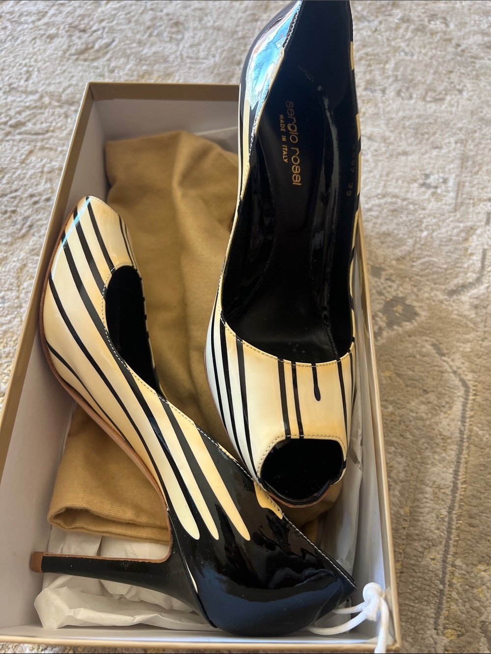 Sergio Rossi Black and Cream Striped Peep-Toe Pumps